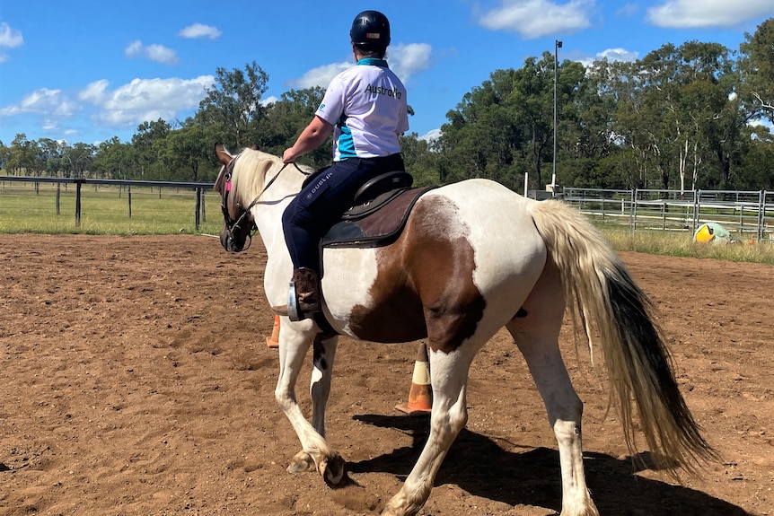 A woman sits astride a pinto horse wearing a white Special Olympics Australia team polo. Australia across the back 