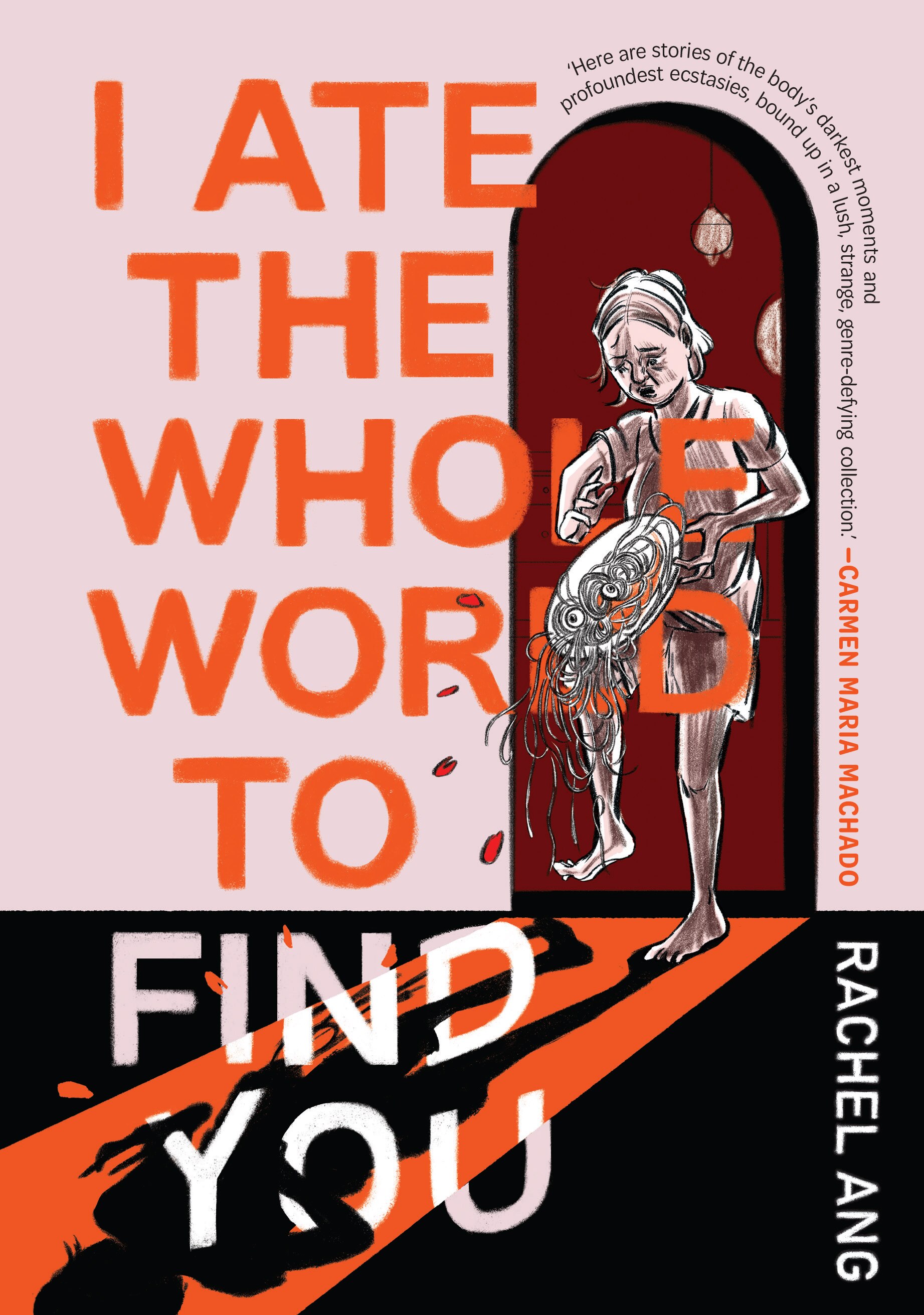 A book cover with an illustration of a person walking through a doorway, casting their shadow on the floor, on a pink background