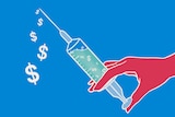 An illustration of a syringe spurting out dollar signs.