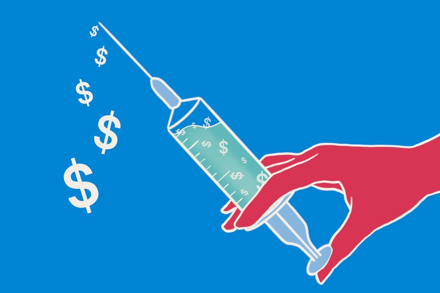 An illustration of a syringe spurting out dollar signs.