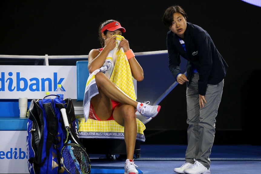 Ana Ivanovic speaks to the chair umpire at the Australian Open