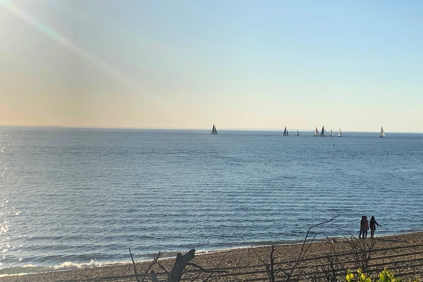 Sailing boats on the horizon off a near-empty beach. The sky is cloud-free.