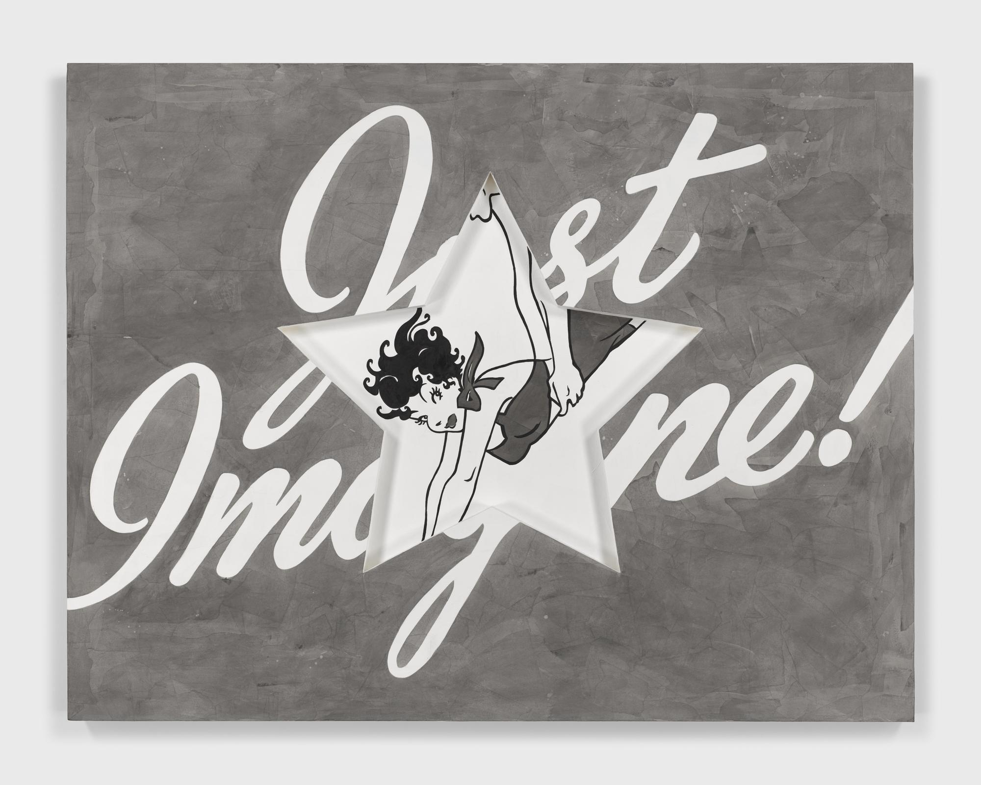 Black and white artwork with star in the centre, female figure and words Just Imagine!