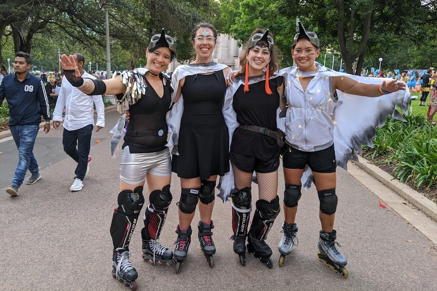 Eleanor and her friends wear rollerblades, for a story about alternatives to gym memberships.