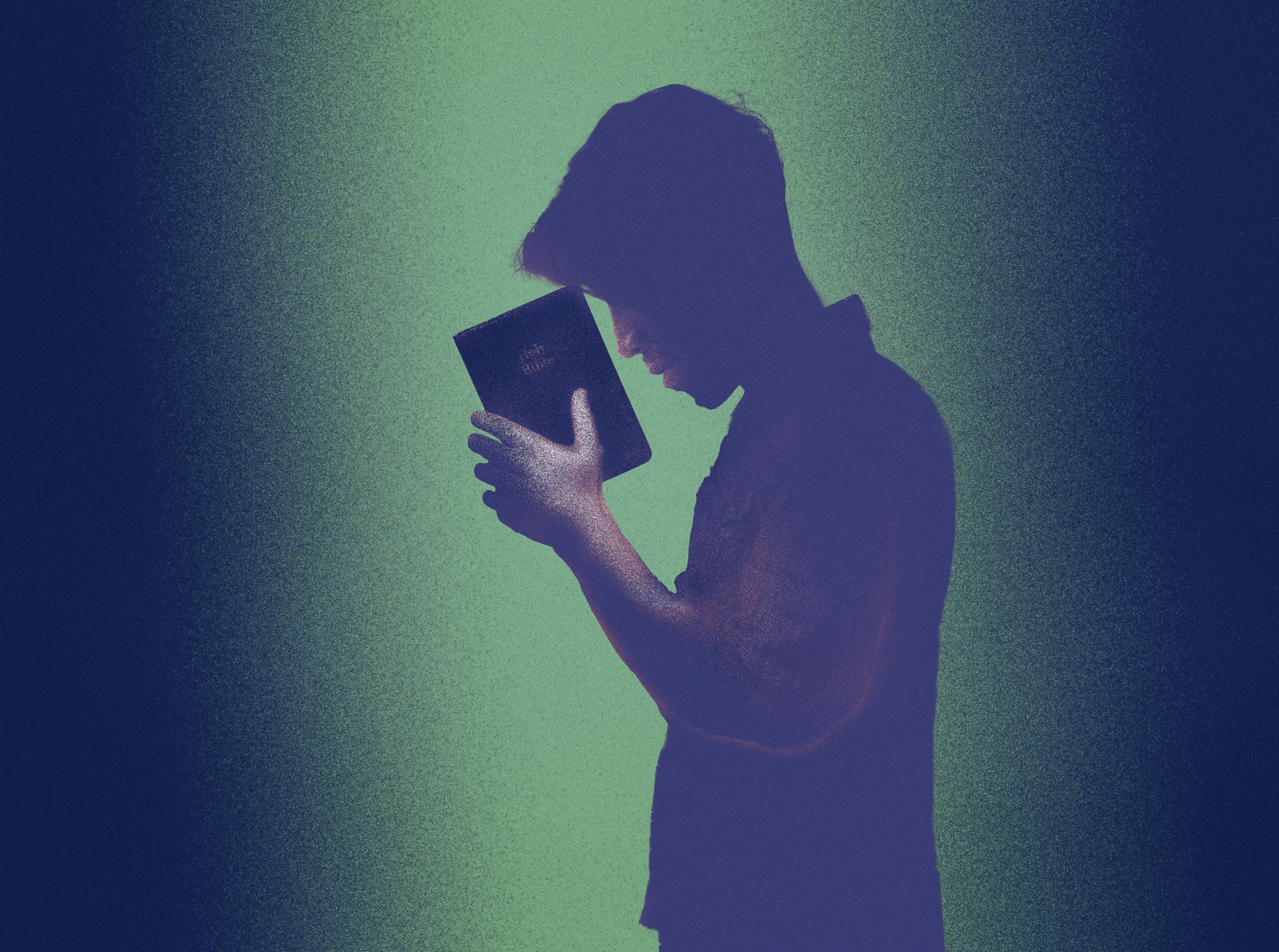 Illustration of a silhouetted man in checkered shirt looking down and holding up small book to his forehead.