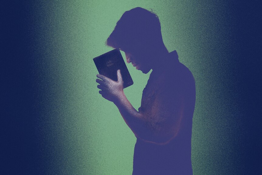 Illustration of a silhouetted man in checkered shirt looking down and holding up small book to his forehead.