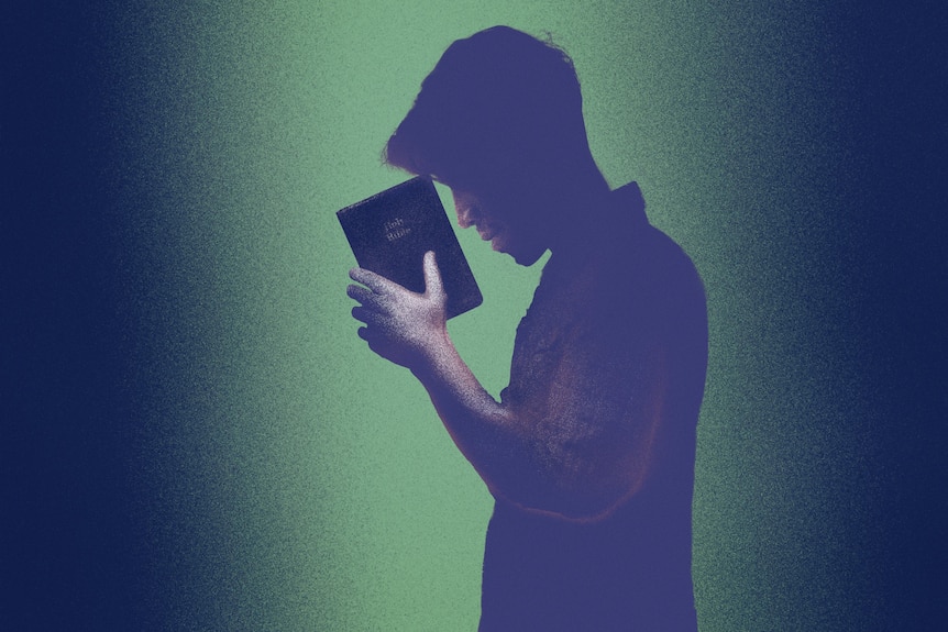Illustration of a silhouetted man in checkered shirt looking down and holding up small book to his forehead.