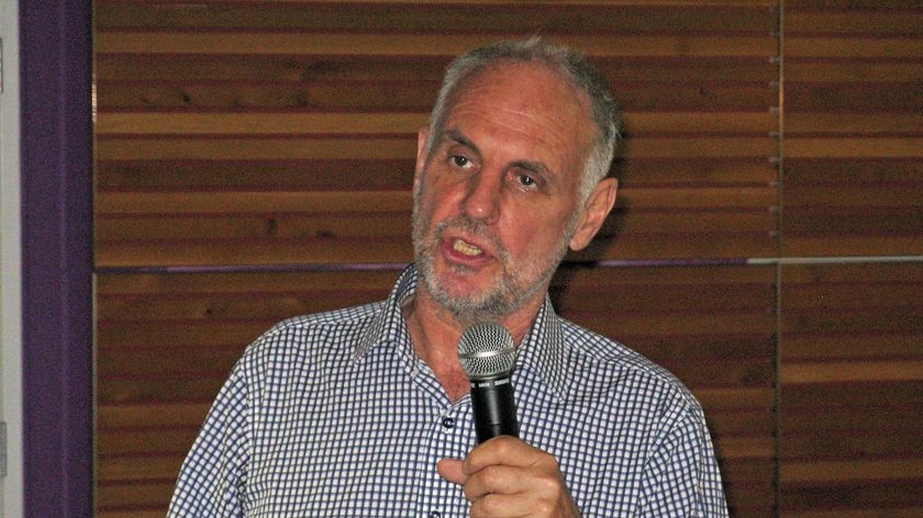 Philip Nitschke, euthanasia campaigner talks at a Hobart meeting.
