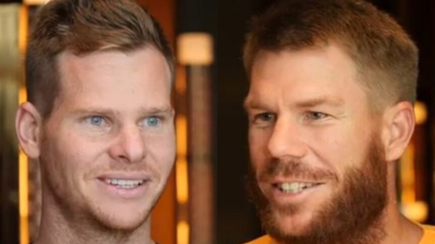 Composite image with Steve Smith's face on the left and David Warner's on the right.