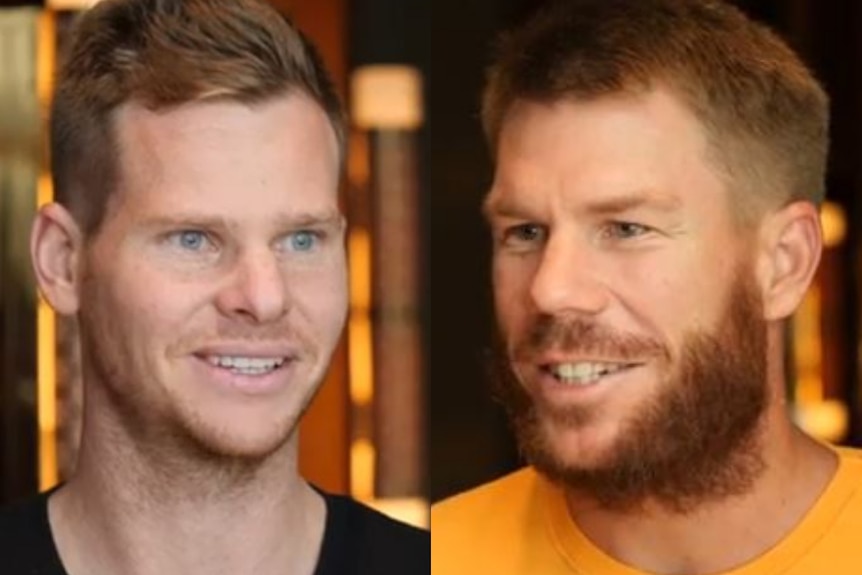 Composite image with Steve Smith's face on the left and David Warner's on the right.