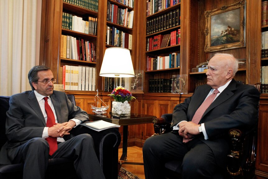 New Democracy leader Antonis Samaras and Greek president Carolos Papoulias