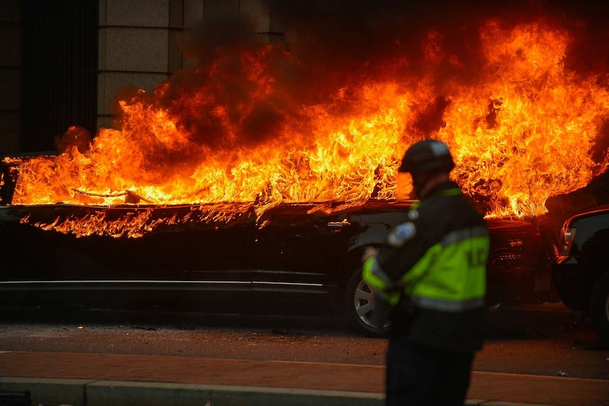 A limo on fire in Washington DC.