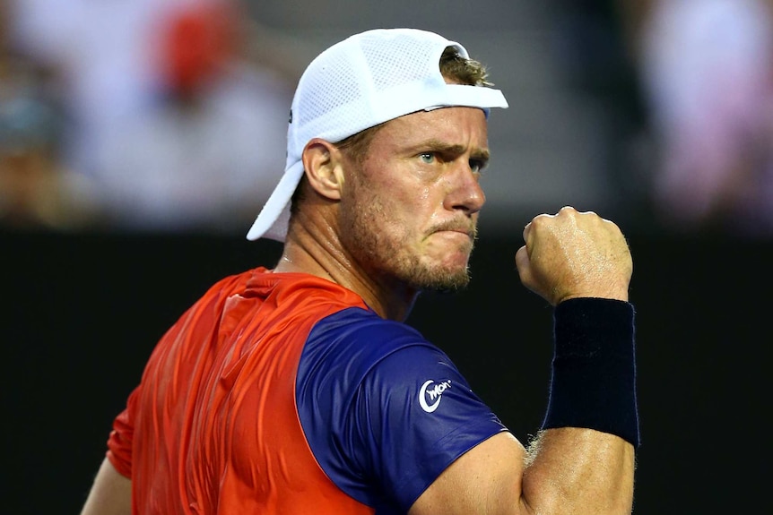 Still alive ... Lleyton Hewitt celebrates a point during his win over James Duckworth