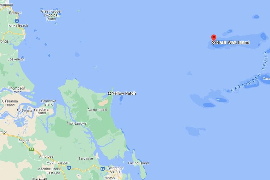 A map showing the distance between a beach and an island off the Queensland coast.