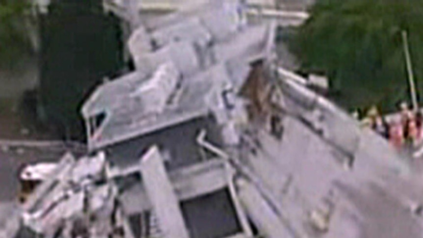 TV still of aerial footage of destruction from 6.3-magnitude earthquake that hit Christchurch.