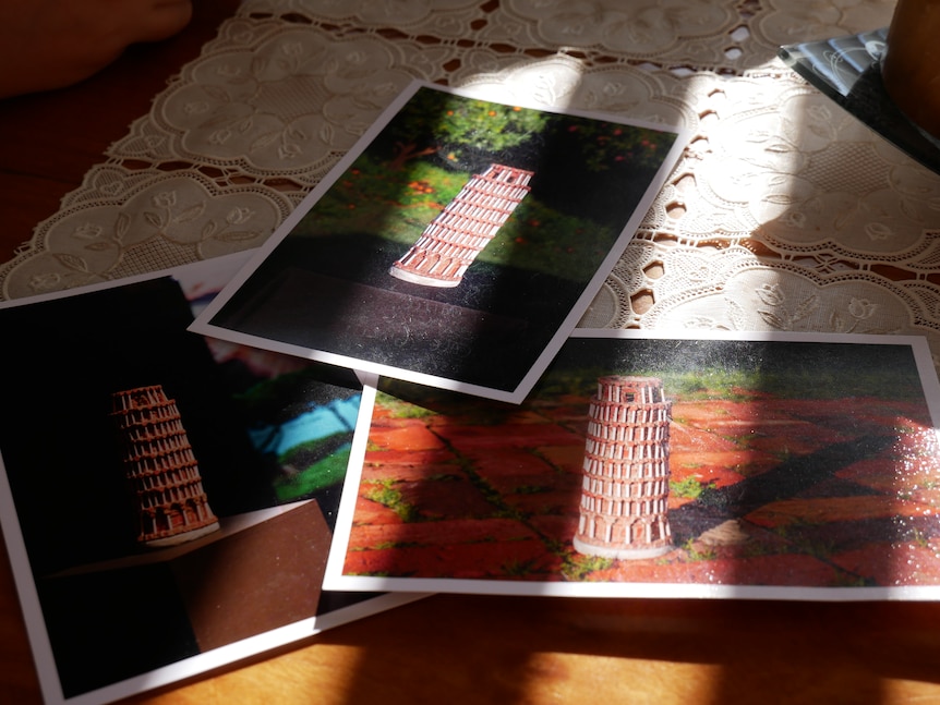 Three photos of a miniature tower.
