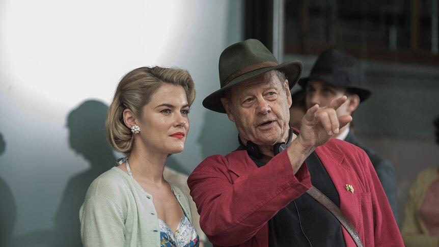 Colour photograph of Rachael Taylor and Bruce Beresford on the set of 2018 film Ladies in Black.