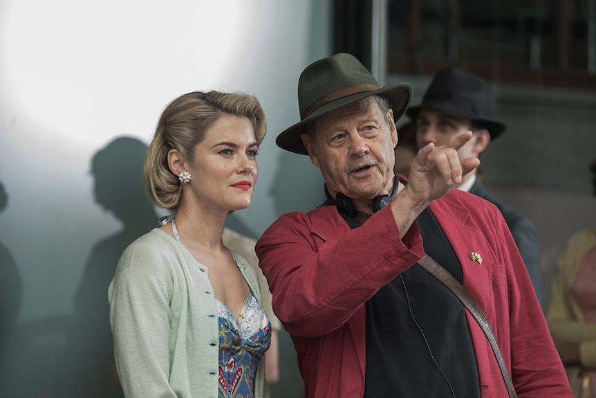 Colour photograph of Rachael Taylor and Bruce Beresford on the set of 2018 film Ladies in Black.