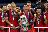 Cristiano Ronaldo lifts the Euro trophy