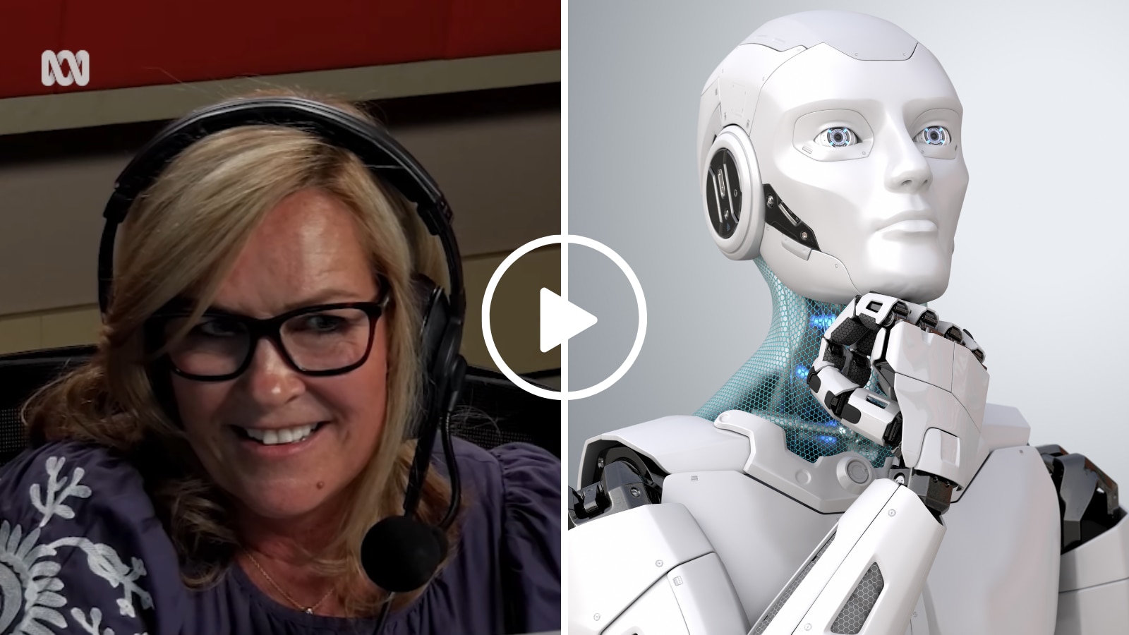 a woman in glasses and headphones on the left frame and a robot on the right frame