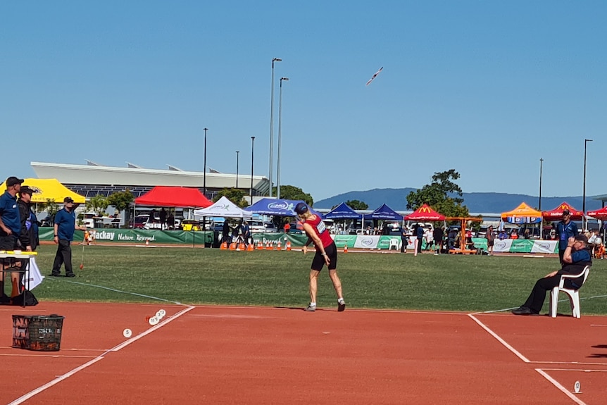 Brisbane athlete 72-year-old Wilma Perkins competing in javelin