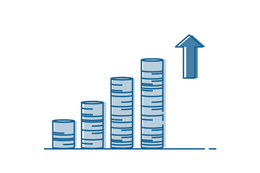 Icon drawing of dollar coins increasing in height.