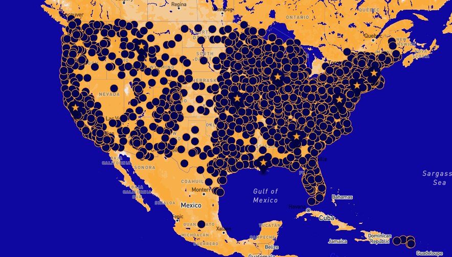A map with thousands of pins showing where protests are planned
