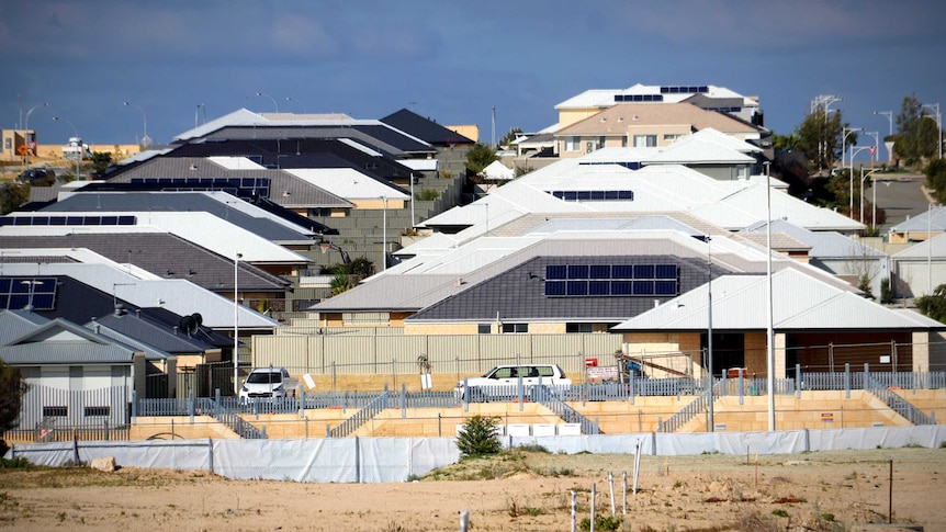 Cascading rooftops in a brand new housing development in Alkimos, Western Australia.