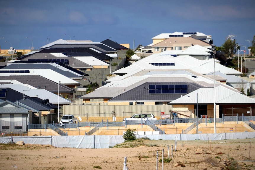 Cascading roofs on a new housing development in Alkimos, Western Australia.
