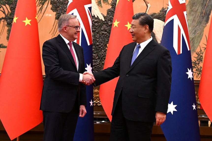 Anthony Albanese shakes hands with Xi Jinping in front of the Chinese and Australian flags.