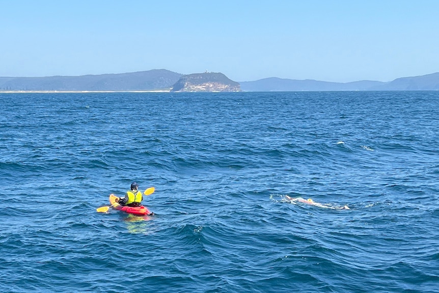 a kayak in the sea looking at a man swimming on his right