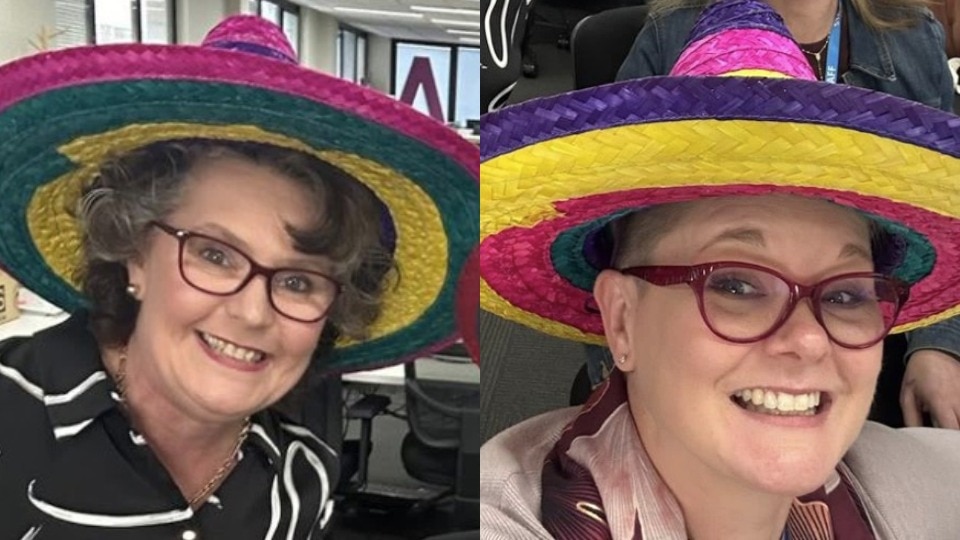 A composite image of Angela and Roxanne smiling and wearing sombreros.