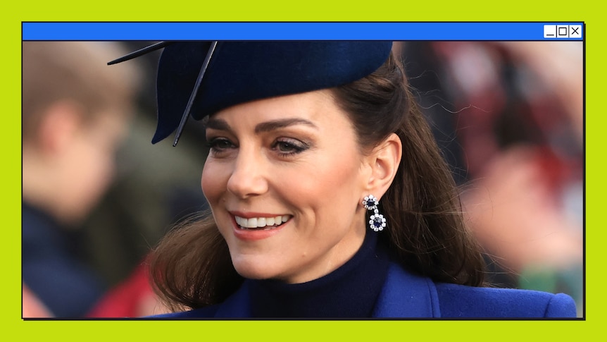 Kate is seen wearing a blue fascinator and complementary blue coat, turtle neck and diamond/sapphire earrings as she smiles.