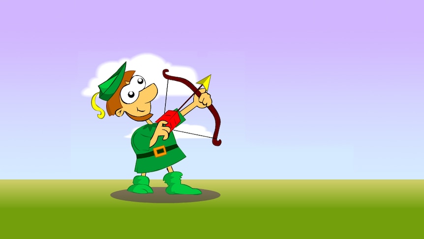 Cartoon man with bow and arrow pointed at sky