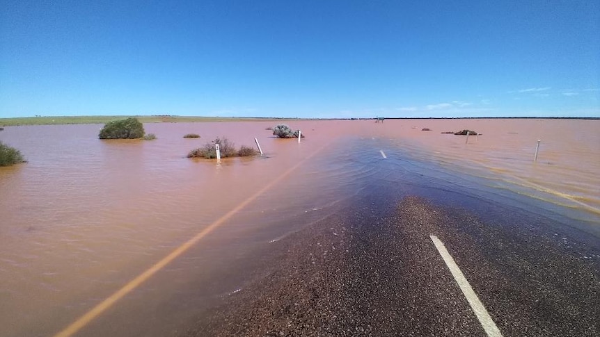 Blue sky, bitumen highway under brown water, flooded