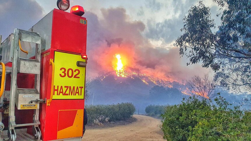 a bush fire burning with a firetruck in the foreground