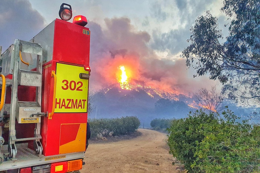 a bush fire burning with a firetruck in the foreground