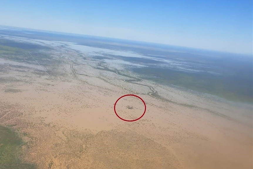 An aerial view of a flooded outback landscape