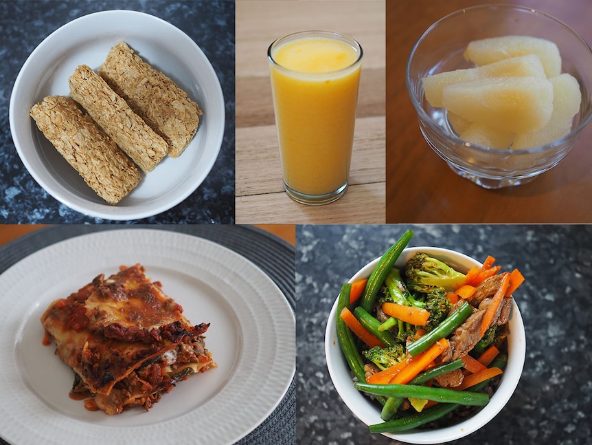 Cereal, mango frappe, tinned pears, lasagne, beef and vegetable stir-fry.