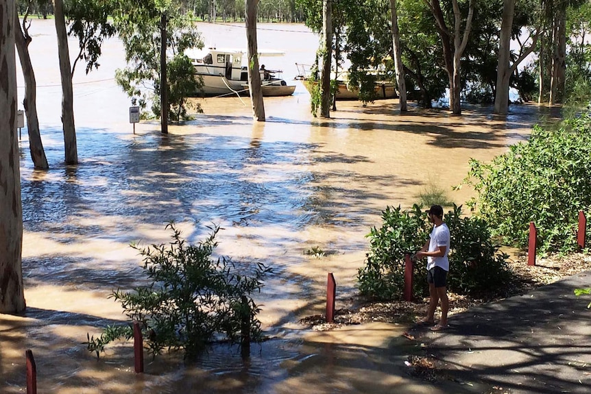 A local with a fishing line on the bank of the flooded Fitzroy River