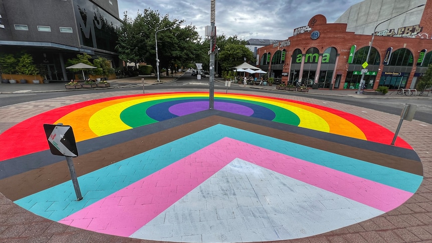 A roundabout painted to represent the LGBTQI+ community.