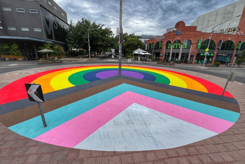 A roundabout painted to represent the LGBTQI+ community.