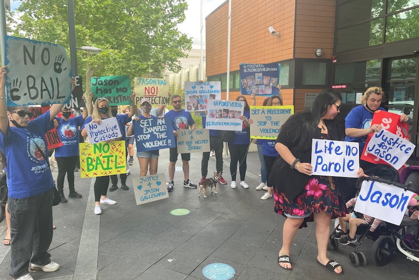 Supporters of Jason Galleghan's family rally outside Blacktown Court