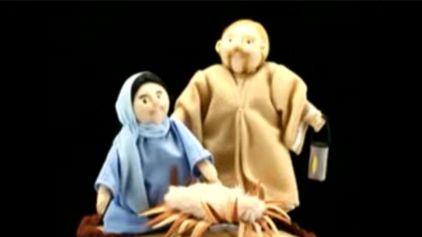 TV STILL of a cartoon nativity scene from an ad showing the story of Jesus's birth in 30 seconds