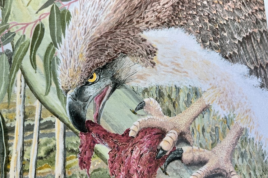 A painting of a bird of prey eating some bloodied meat