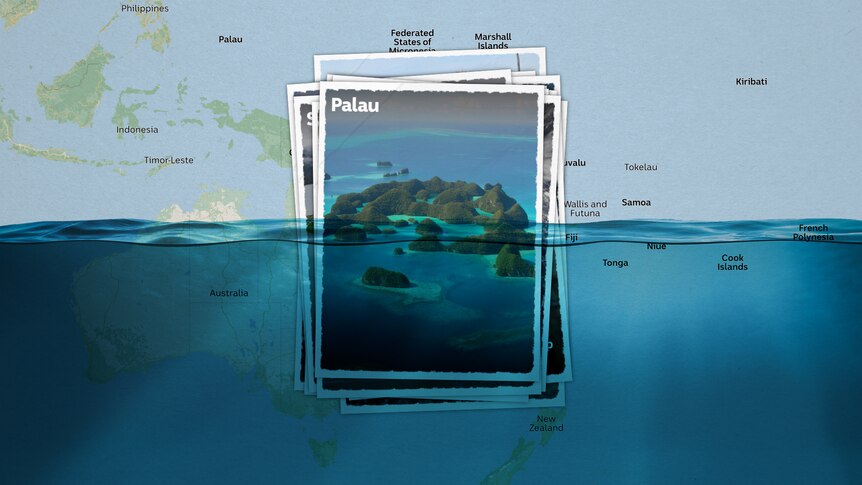 A postcard showing an aerial view of Palau submerged by water.