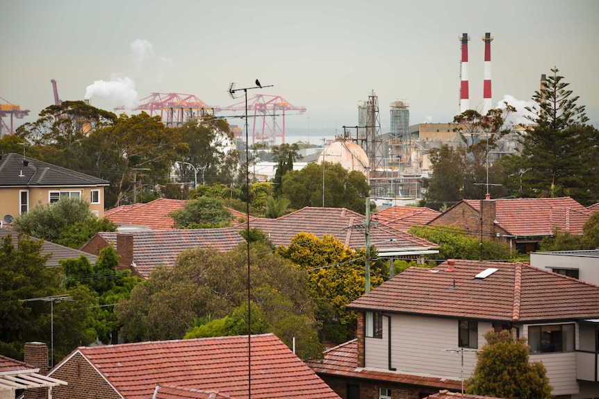 Residential homes in the foreground with heavy industry behind them.