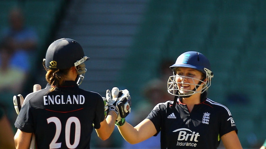 Giving it some English ... Heather Knight (l) and Lydia Greenway celebrate another win for the tourists.