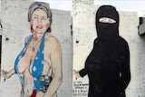 Left: Hillary Clinton painted in scantily-clad bikini. Right: Hillary Clinton painted in a burqa