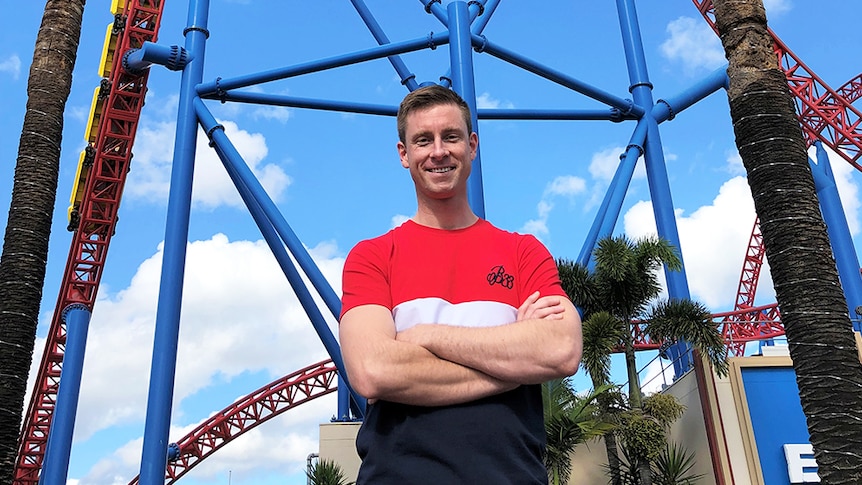 Thrill ride enthusiast Andrew Grover spends his days off work at Gold Coast theme parks